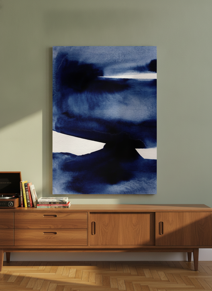 Stretched canvas wall art standing on a sideboard in a mid-century bedroom