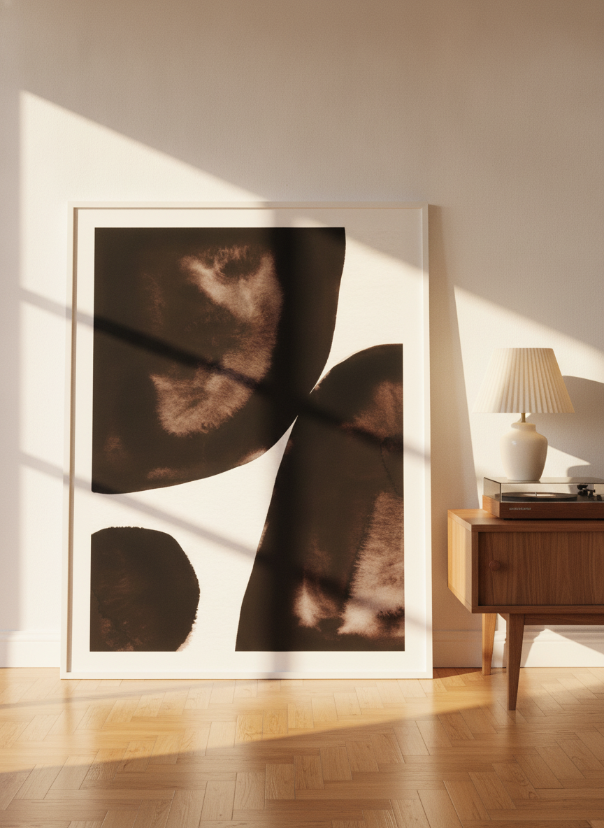Oversized statement modern wall art print leaning against the wall in a mid-century living room