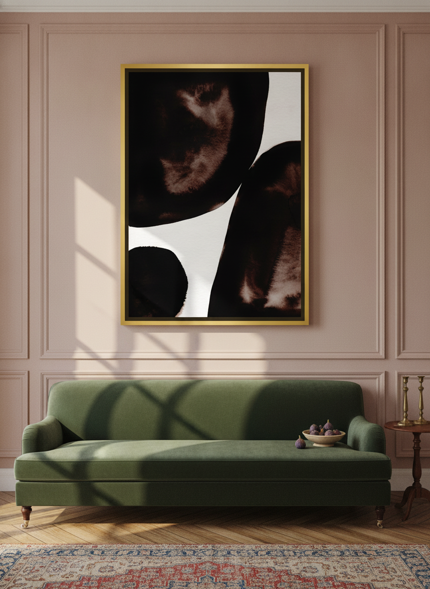 Oversized statement canvas wall art with a gold leaf surround styled on the wall in a Parisian living room