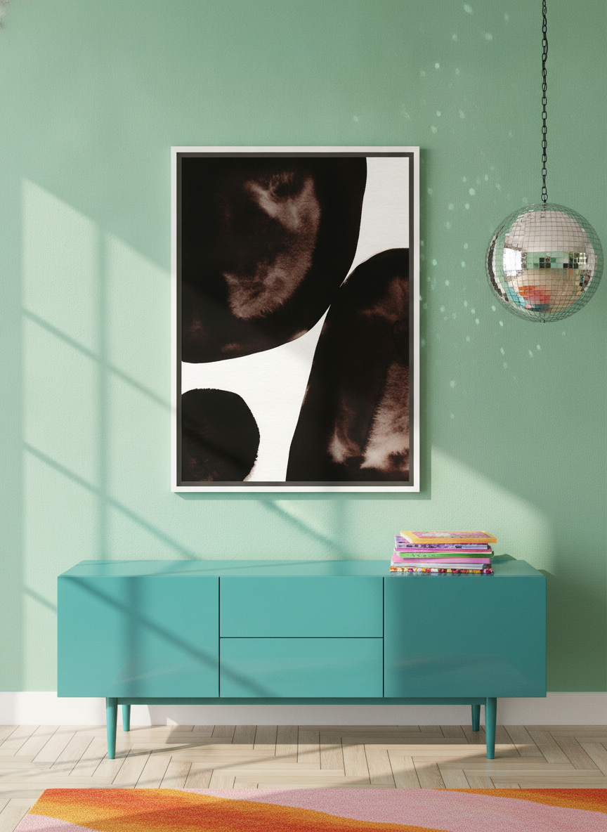 Canvas wall art with a white surround styled on the wall in a colourful eclectic living room