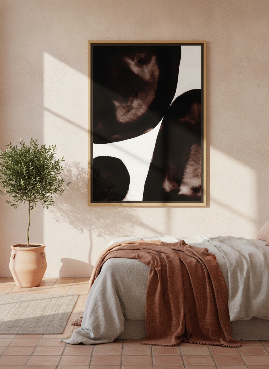 Canvas wall art with a natural timber surround styled on the wall in a Mediterranean bedroom