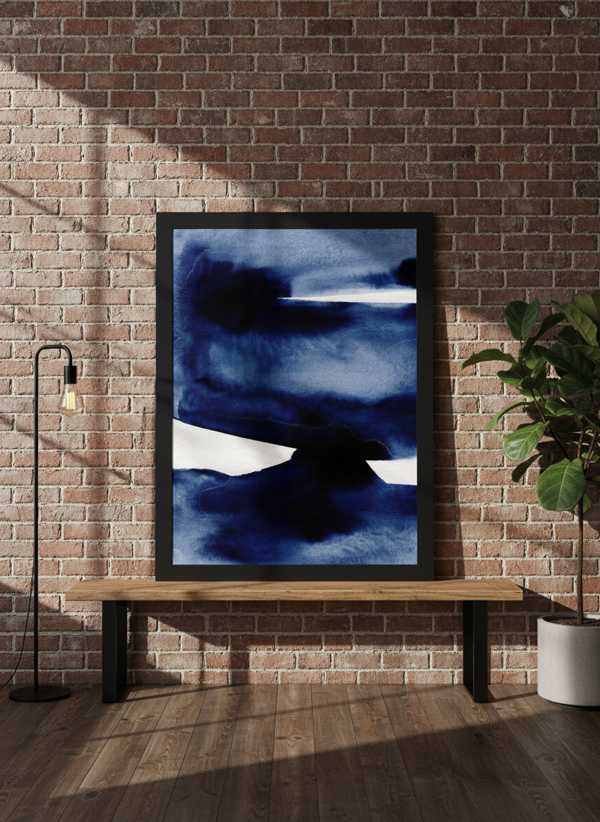 Modern wall art print standing on a console in an industrial loft living room