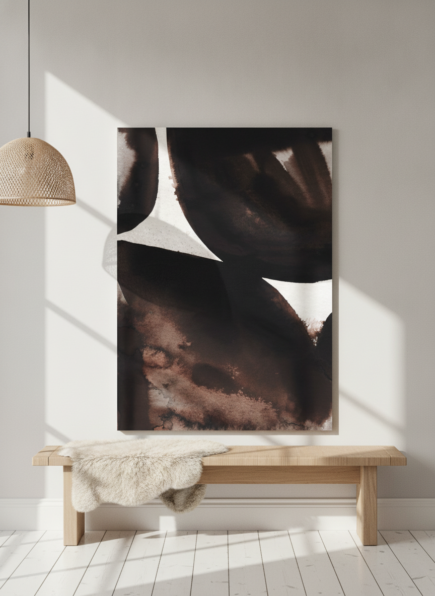 Stretched canvas wall art standing on a bench in a bright Scandinavian home office