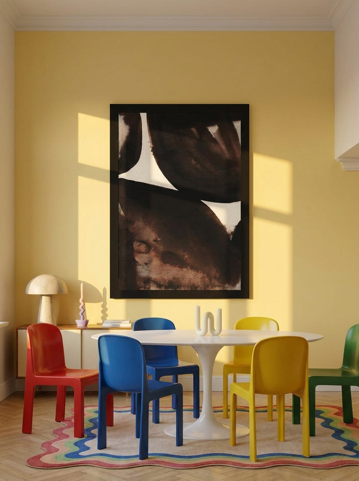 Oversized statement modern wall art print styled on the wall in a colourful eclectic dining room