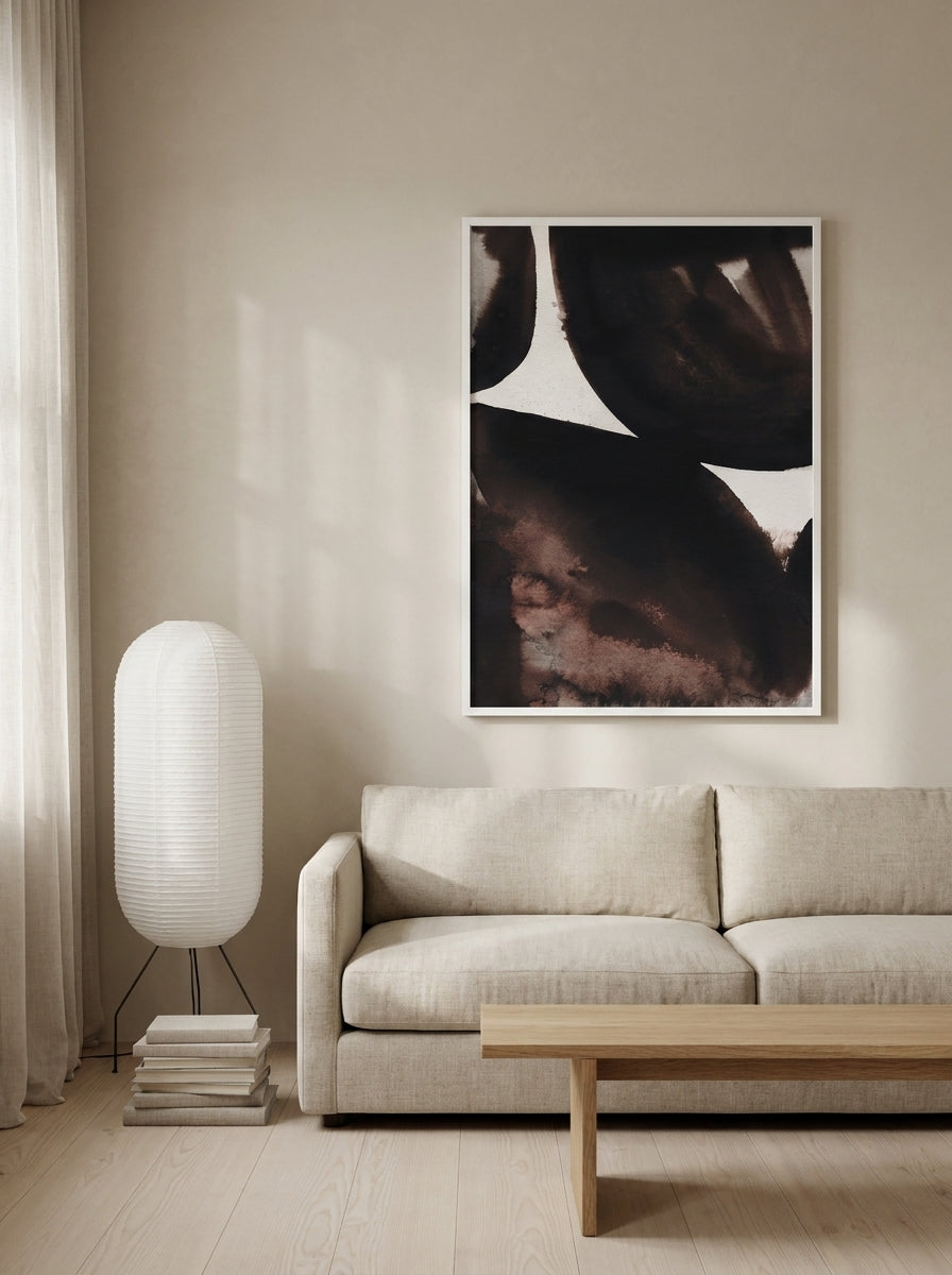 Modern wall art print styled on the wall in a warm Japandi living room