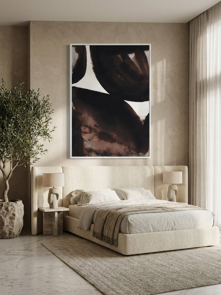 Oversized statement modern wall art print styled on the wall in a luxe bedroom