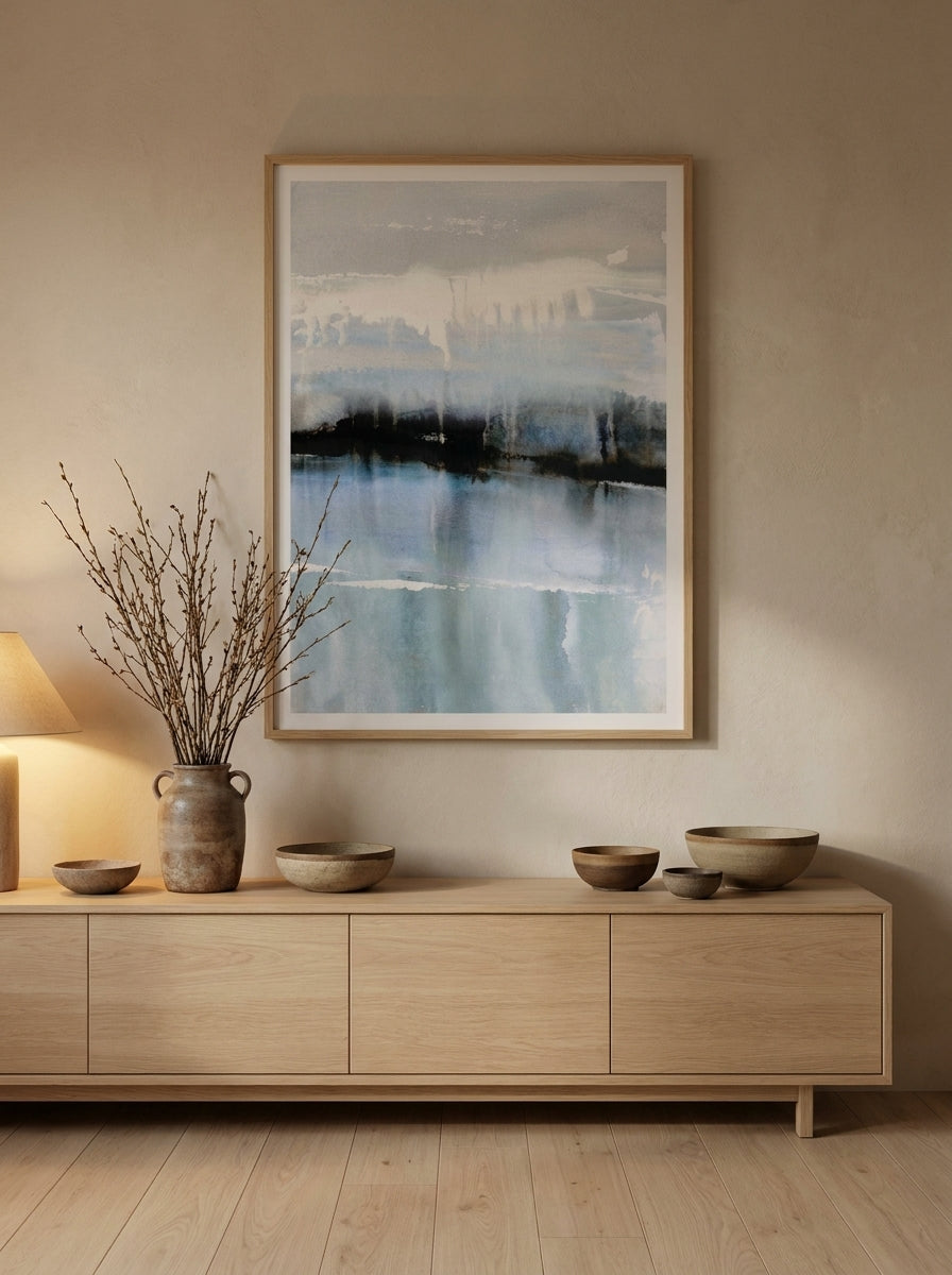 Modern wall art print styled on the wall in a warm Japandi living room