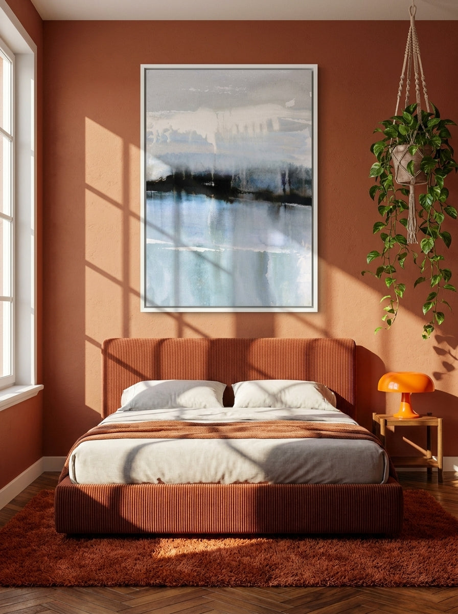 Canvas wall art with a white surround styled on the wall in a retro 70s bedroom