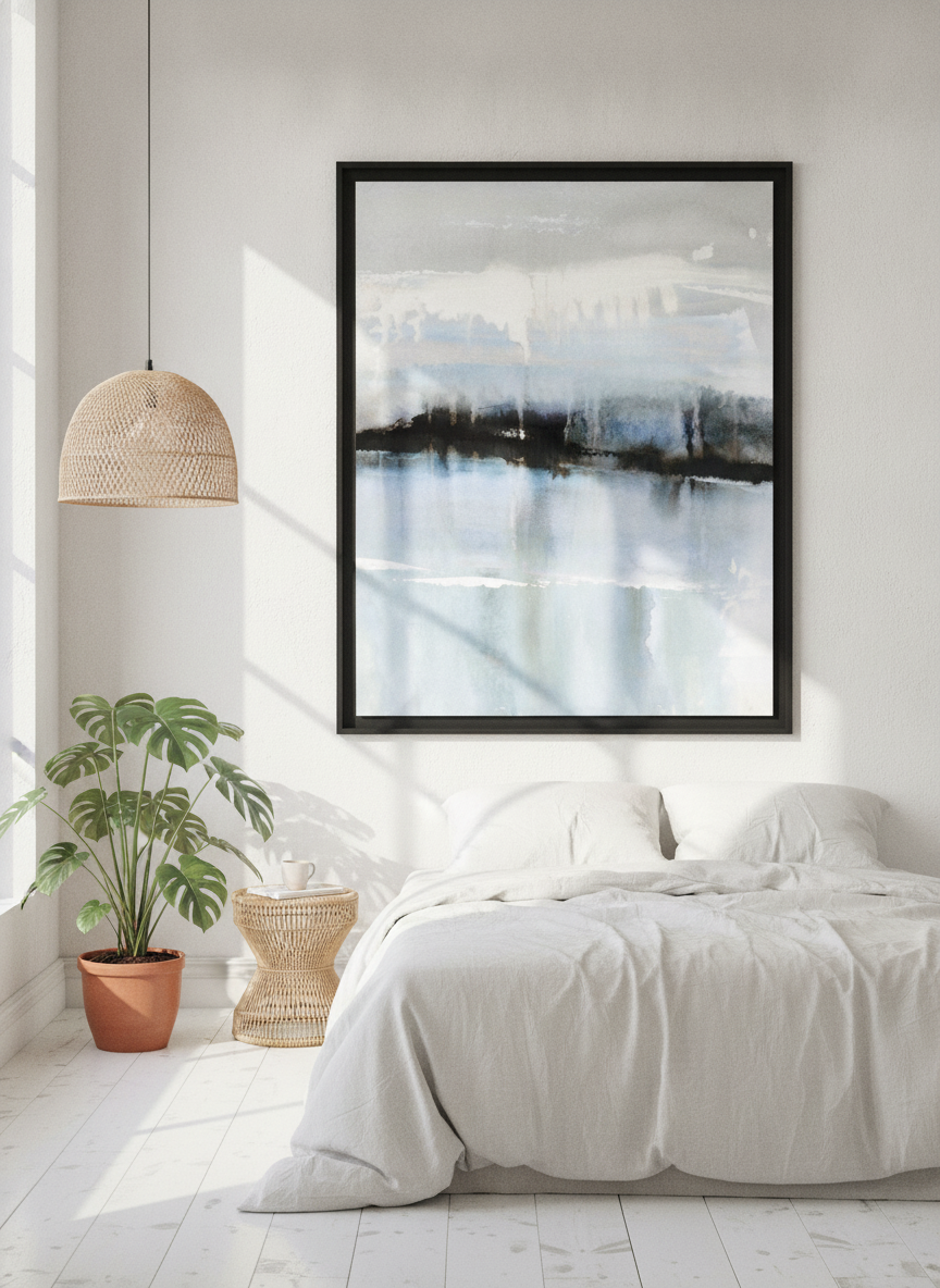 Oversized statement modern wall art print styled on the wall in a bright Scandinavian bedroom