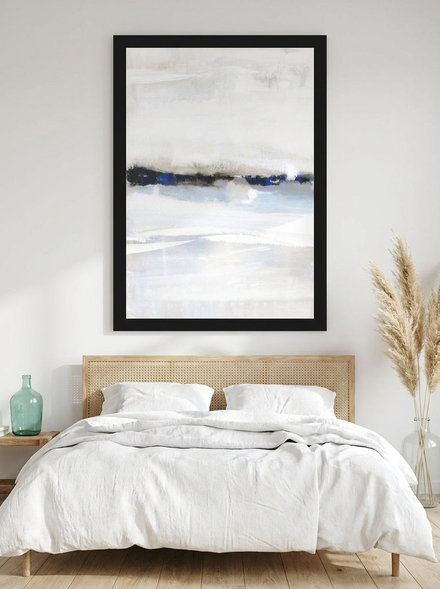 Oversized statement modern wall art print styled on the wall in a coastal bedroom