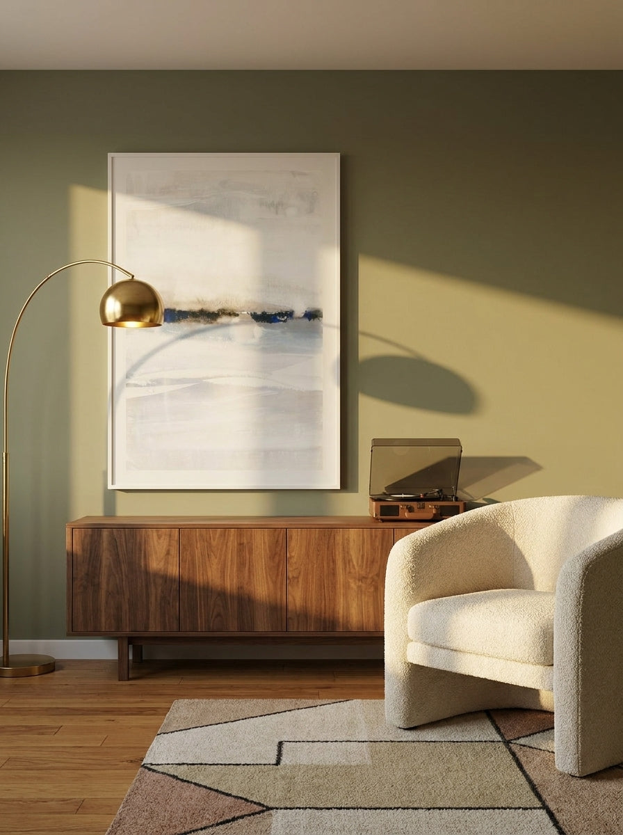 Modern wall art print styled on the wall in a mid-century living room
