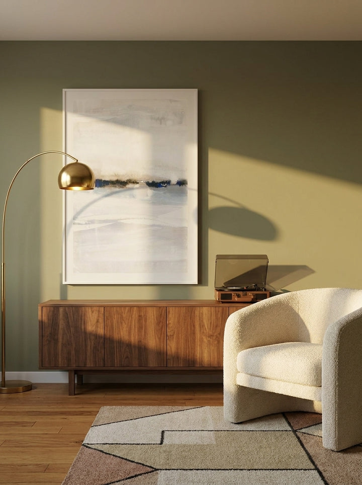 Modern wall art print styled on the wall in a mid-century living room