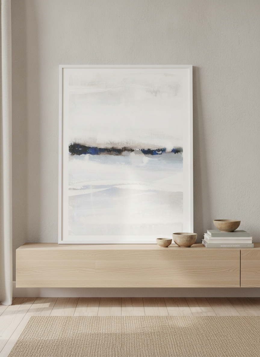 Modern wall art print standing on a sideboard in a warm Japandi home office
