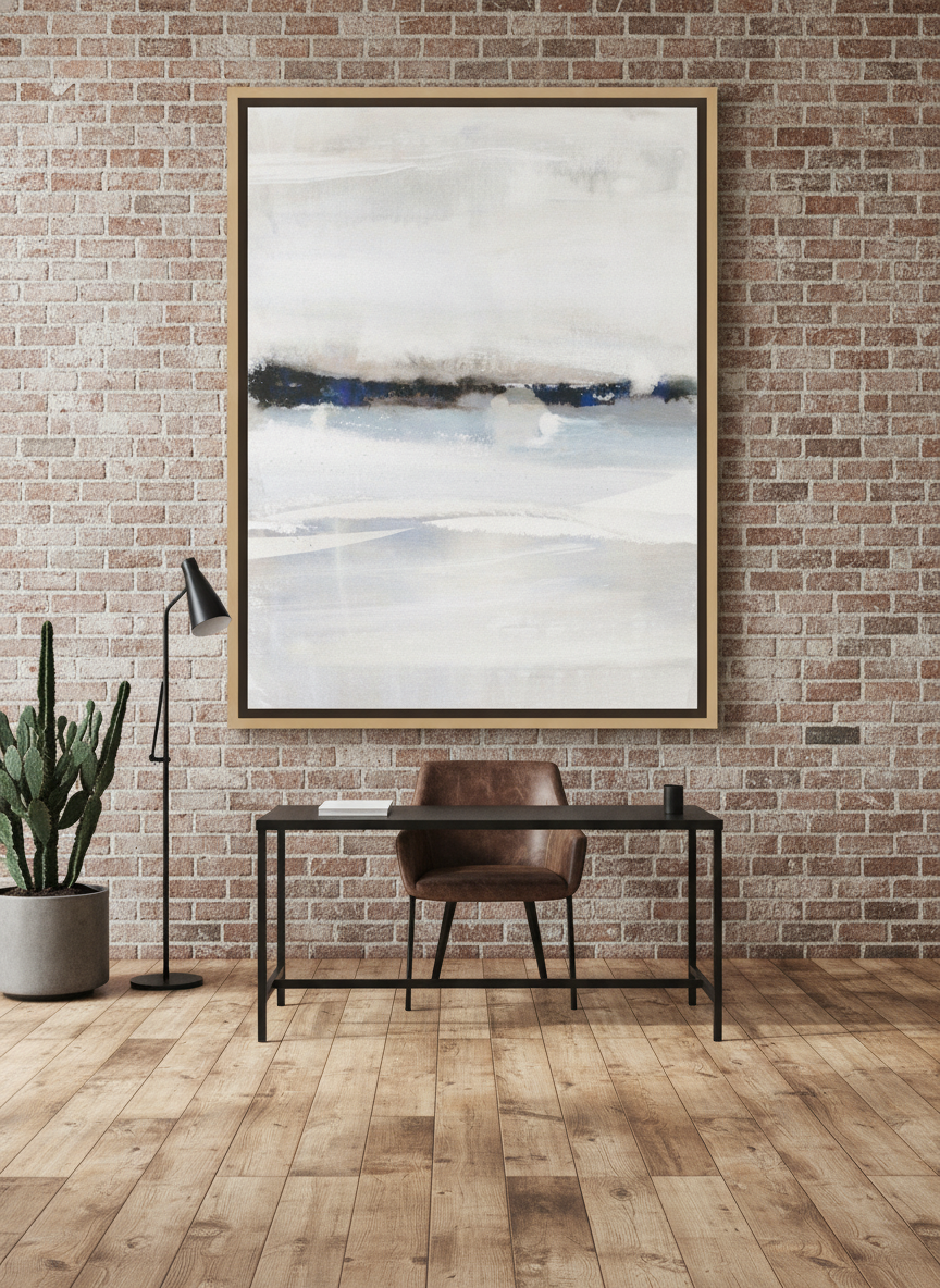 Oversized statement canvas wall art with a natural timber surround styled on the wall in an industrial loft home office