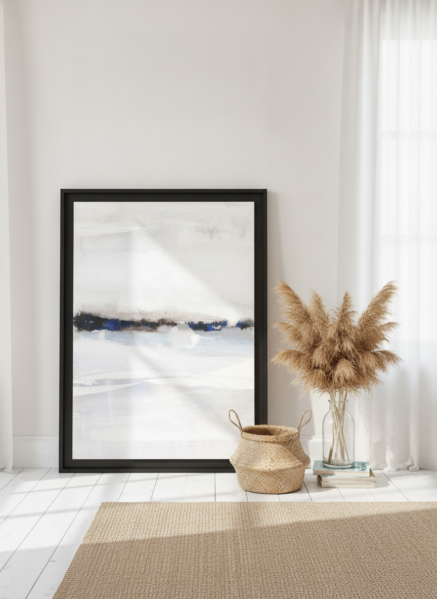 Oversized statement modern wall art print leaning against the wall in a coastal bedroom