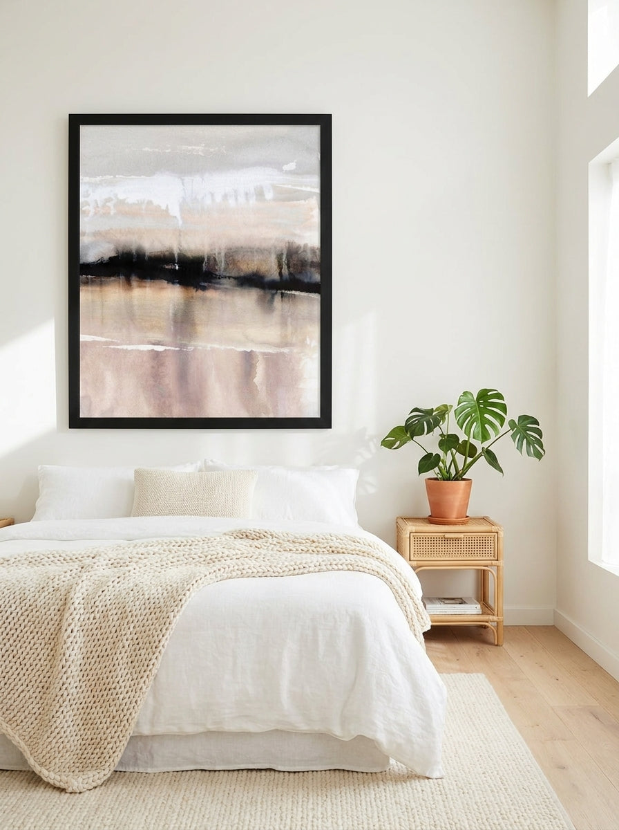Oversized statement modern wall art print styled on the wall in a bright Scandinavian bedroom