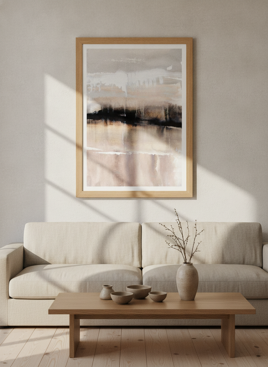 Modern wall art print styled on the wall in a warm Japandi living room