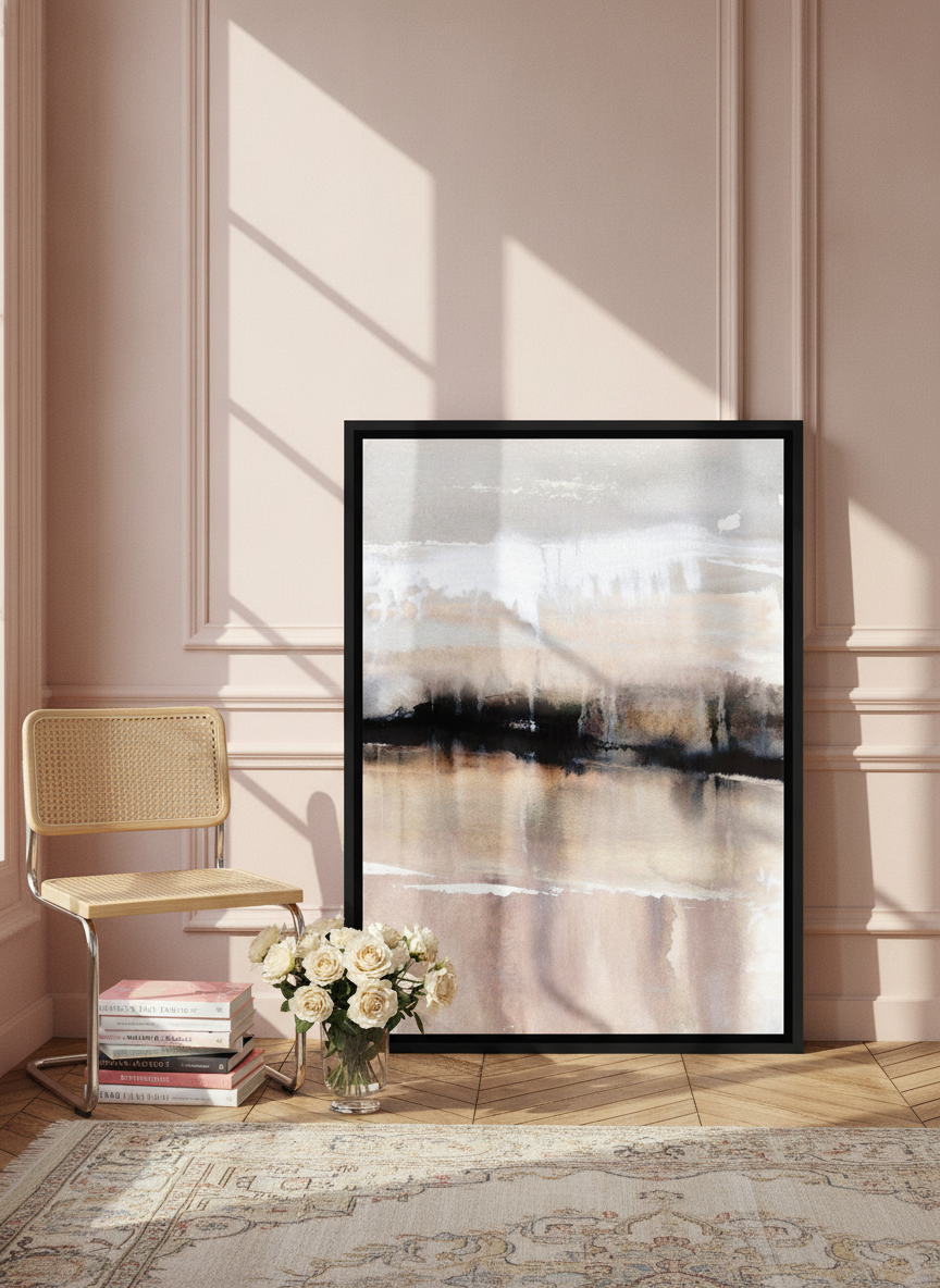 Canvas wall art with a black surround leaning against the wall in a Parisian living room