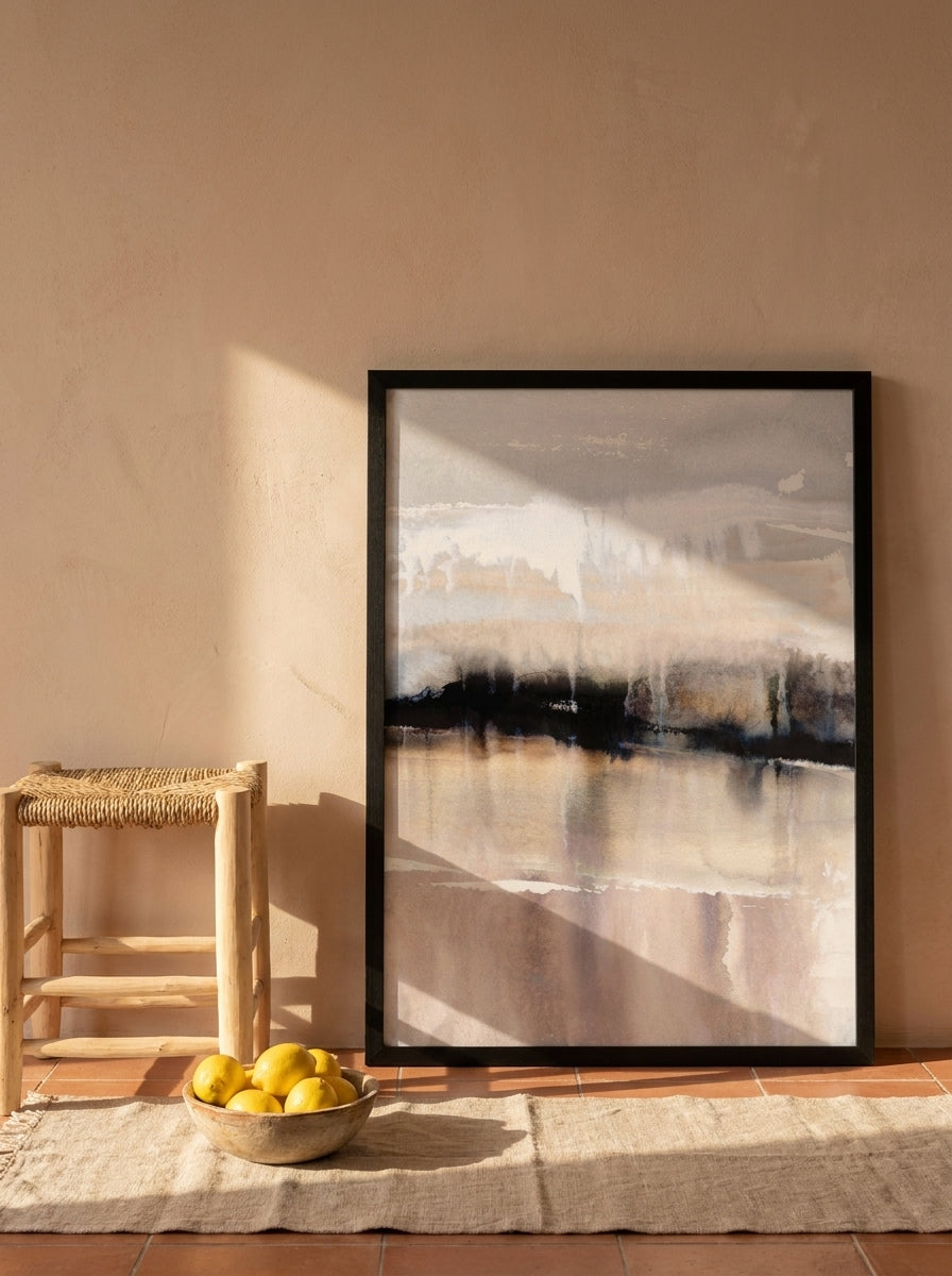 Modern wall art print leaning against the wall in a Mediterranean living room