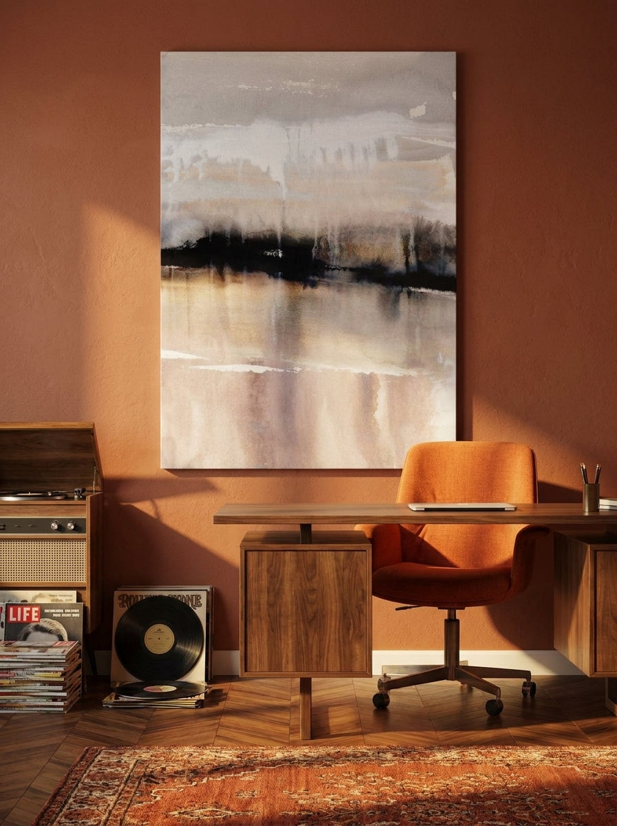 Stretched canvas wall art styled on the wall in a retro 70s home office