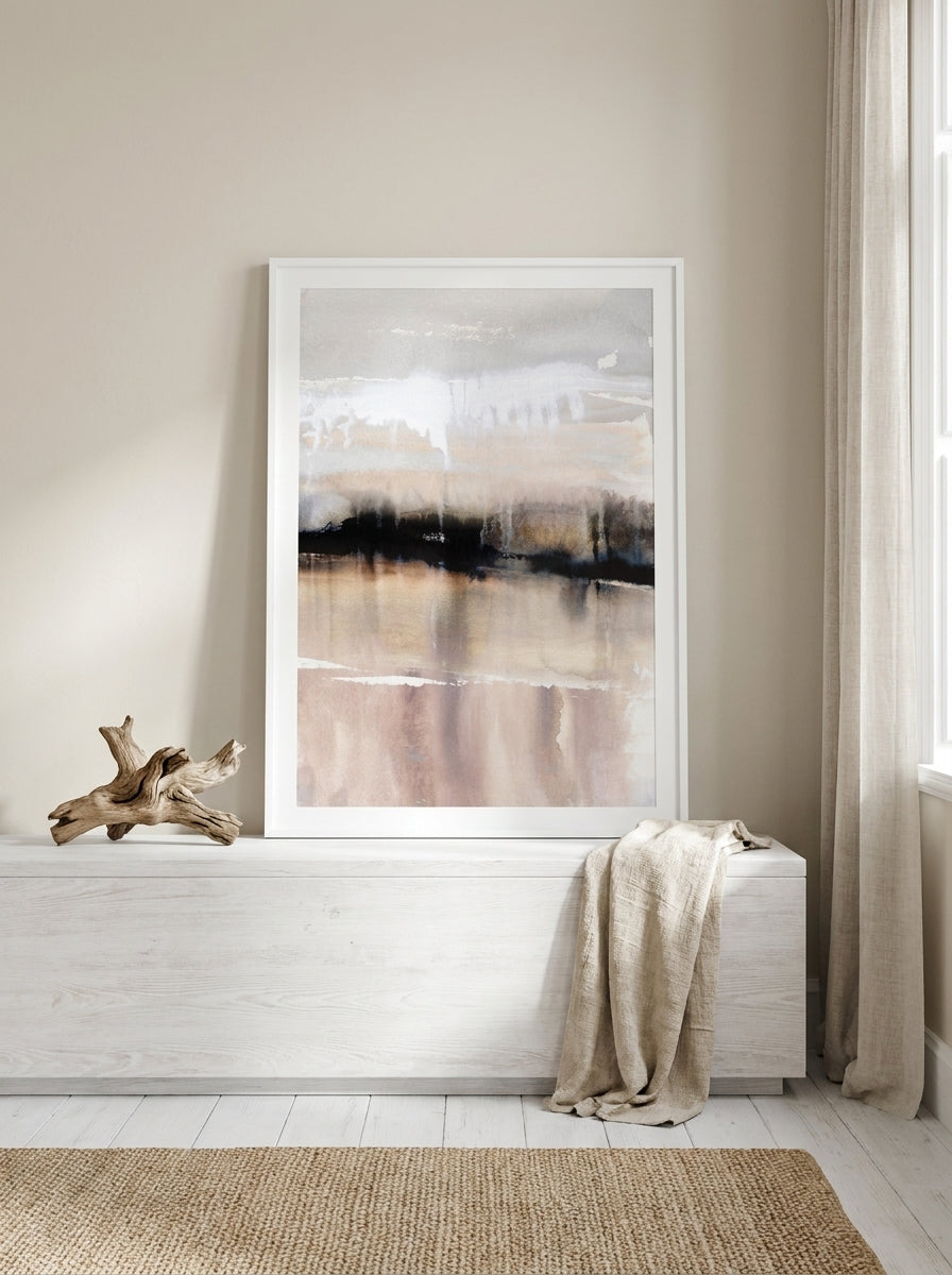 Modern wall art print standing on a console in a coastal home office