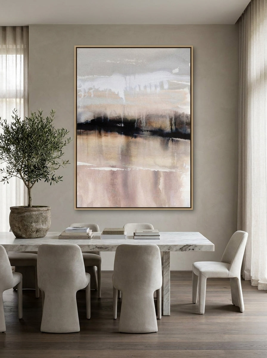 Oversized statement canvas wall art with a natural timber surround styled on the wall in a luxe dining room