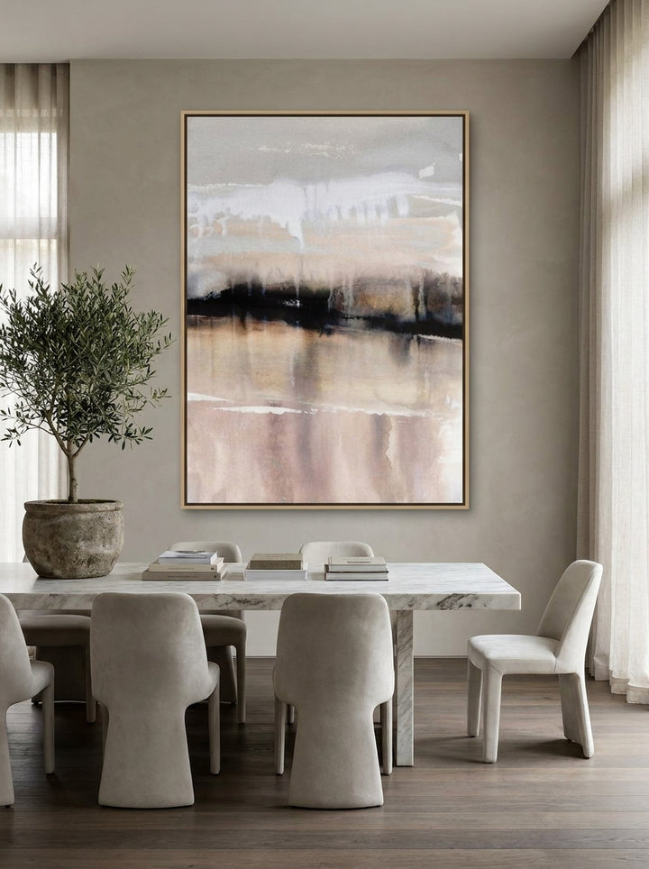 Oversized statement canvas wall art with a natural timber surround styled on the wall in a luxe dining room