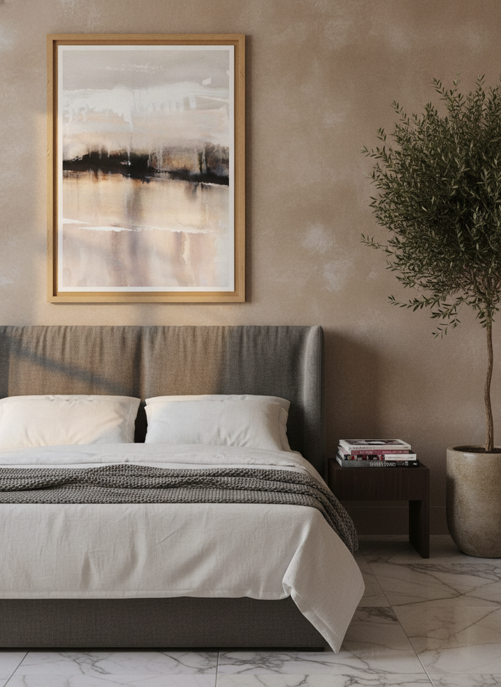 Oversized statement modern wall art print styled on the wall in a luxe bedroom