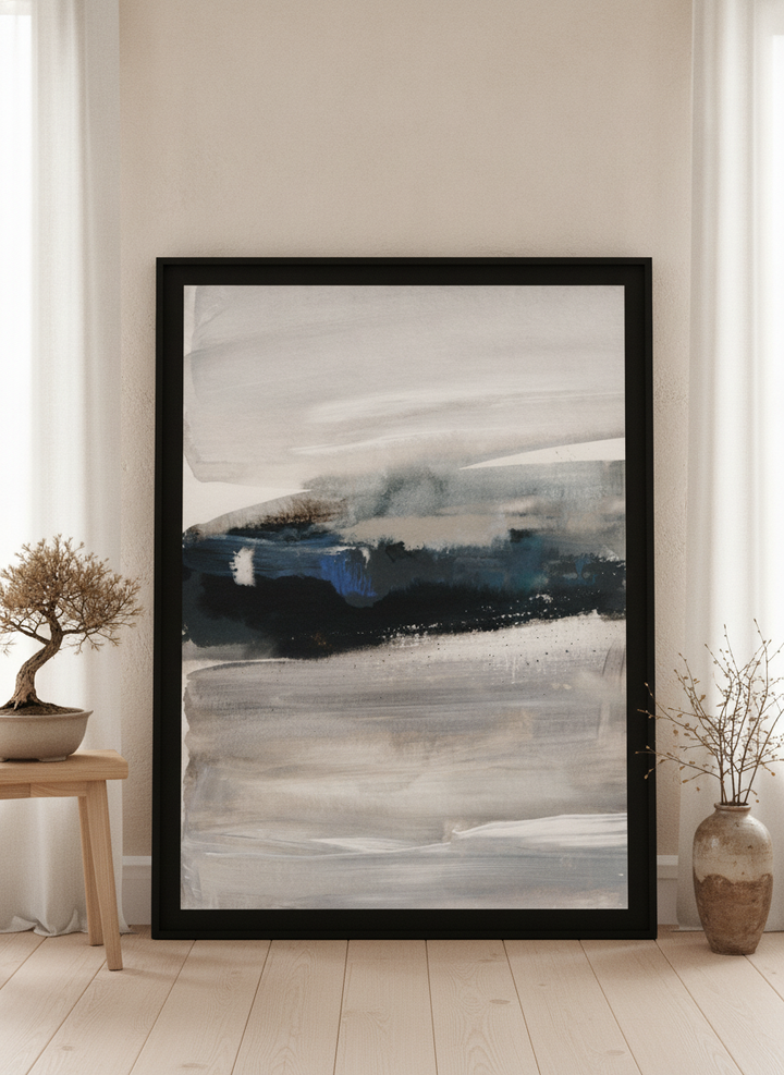 Oversized statement modern wall art print leaning against the wall in a warm Japandi home office