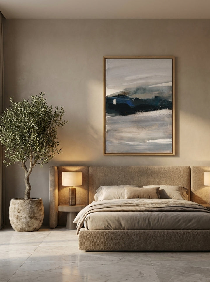 Oversized statement modern wall art print styled on the wall in a luxe bedroom