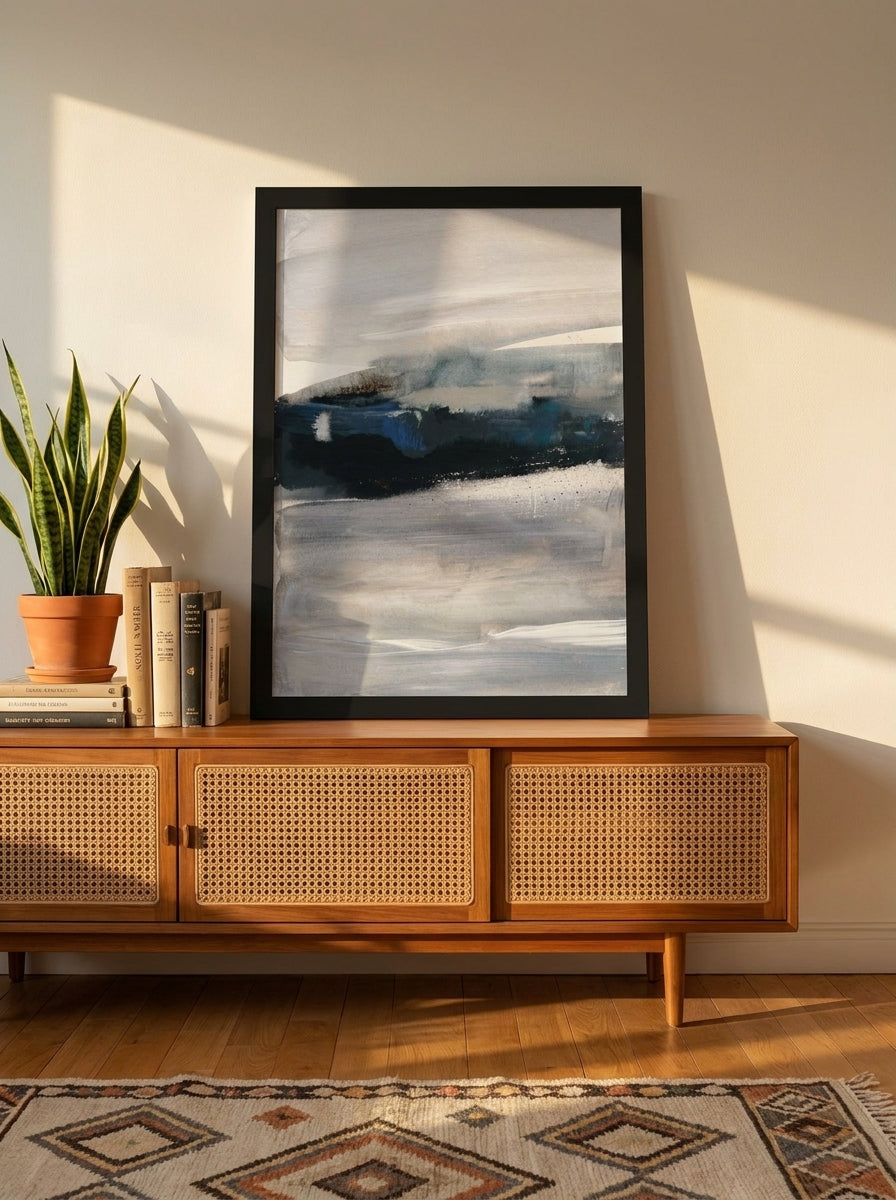 Modern wall art print standing on a sideboard in a mid-century living room