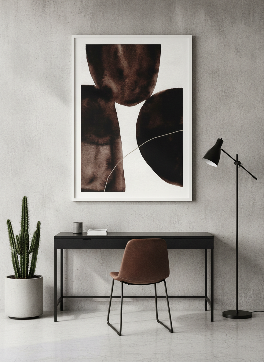 Modern wall art print styled on the wall in an industrial loft home office