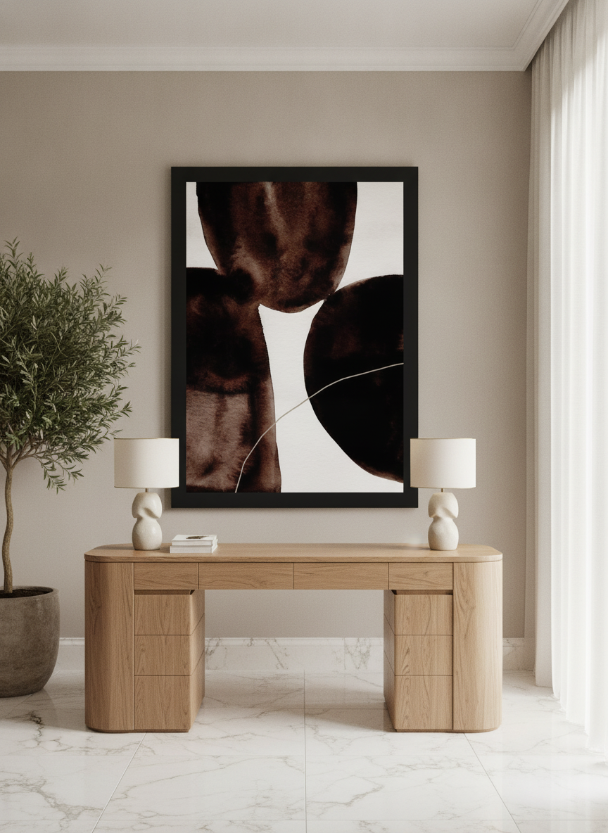 Oversized statement modern wall art print styled on the wall in a luxe home office