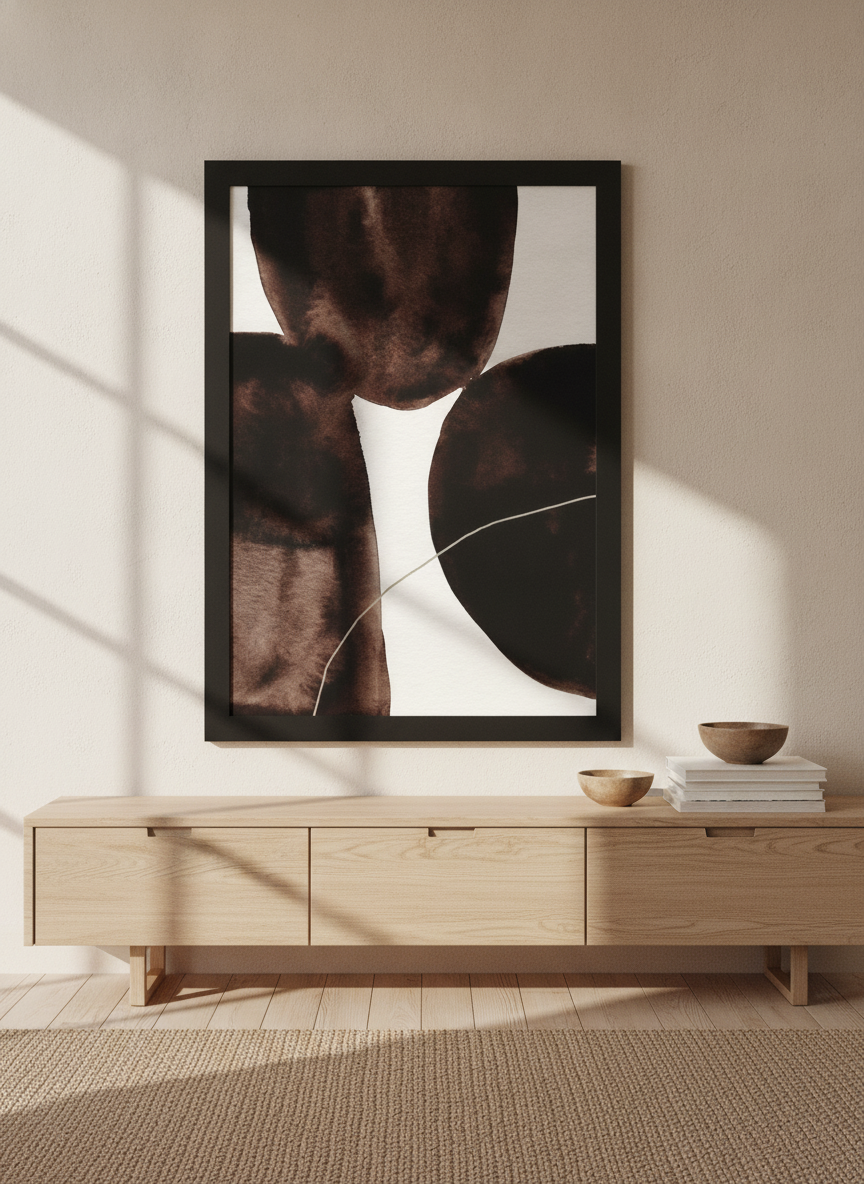 Modern wall art print styled on the wall in a warm Japandi living room