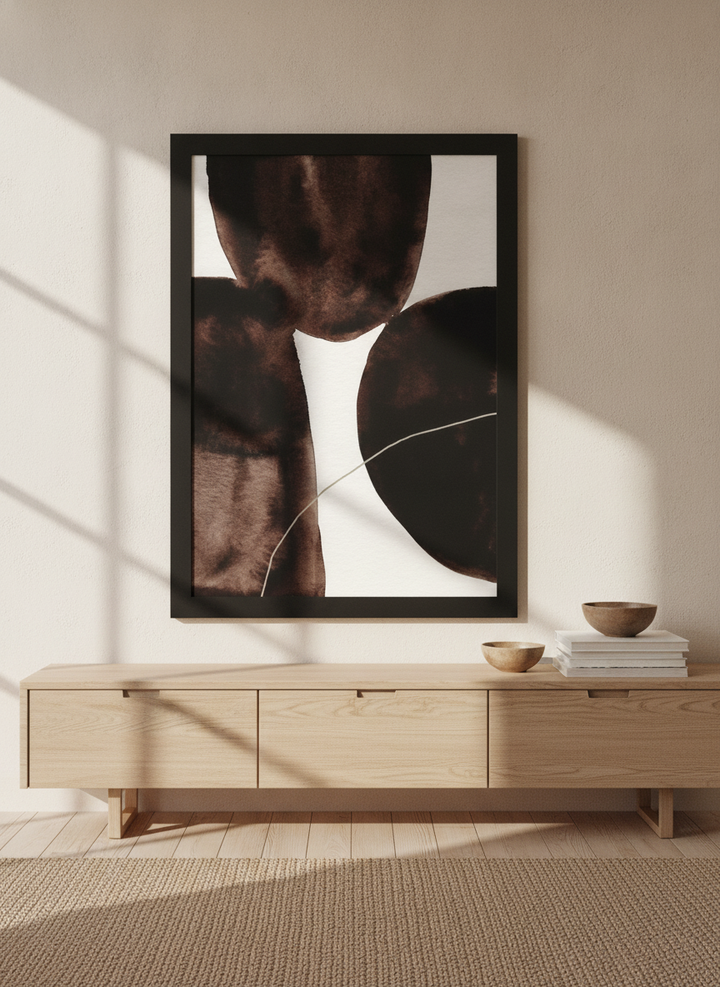 Modern wall art print styled on the wall in a warm Japandi living room