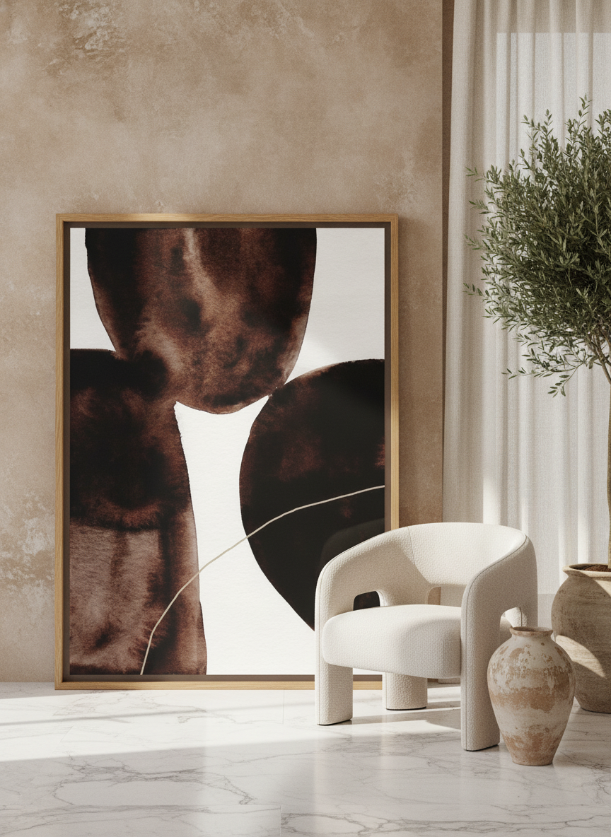 Oversized statement canvas wall art with a natural timber surround leaning against the wall in a luxe bedroom