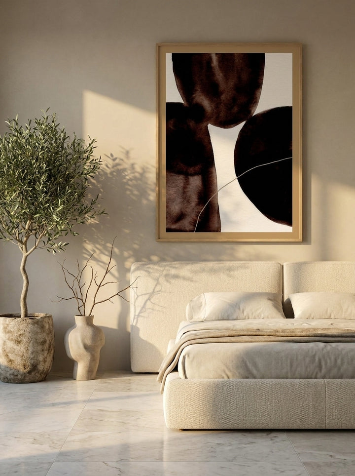 Oversized statement modern wall art print styled on the wall in a luxe bedroom