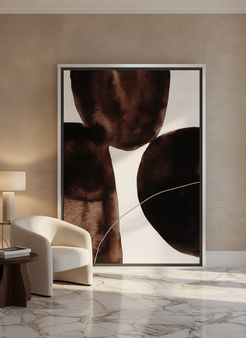 Oversized statement canvas wall art with a silver leaf surround leaning against the wall in a luxe living room