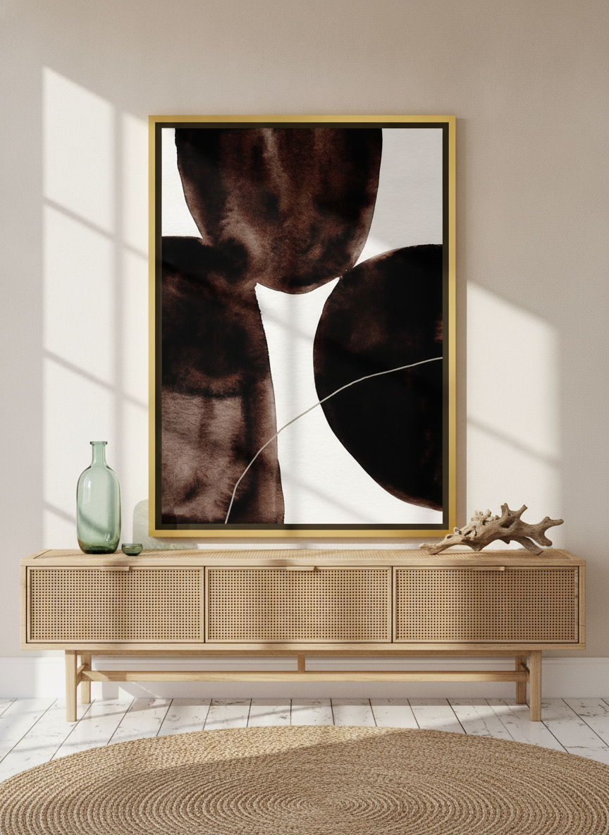 Canvas wall art with a gold leaf surround standing on a sideboard in a coastal bedroom