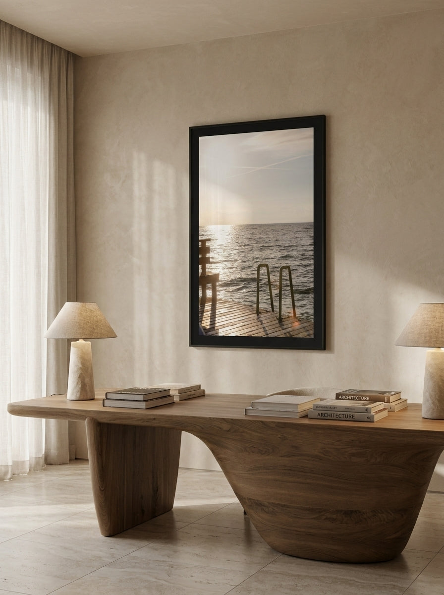 Modern wall art print styled on the wall in a luxe home office