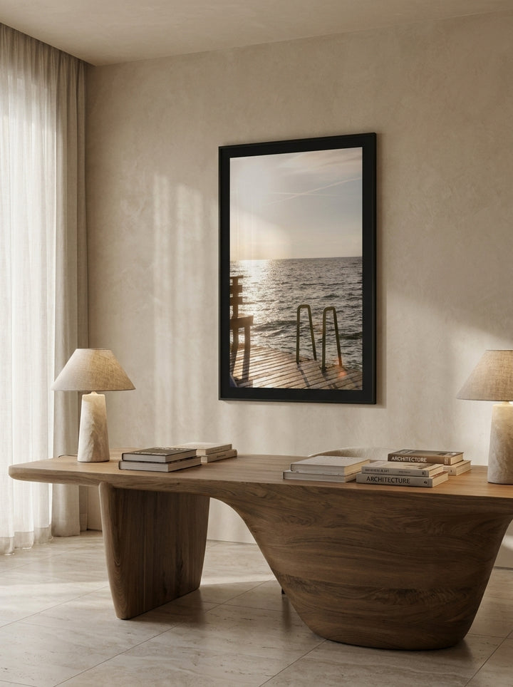 Modern wall art print styled on the wall in a luxe home office