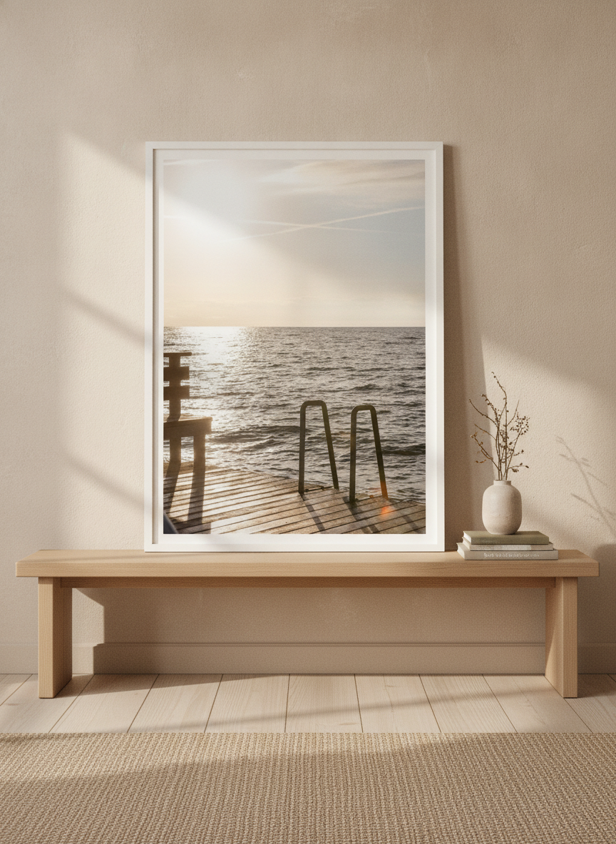 Modern wall art print standing on a bench in a warm Japandi bedroom