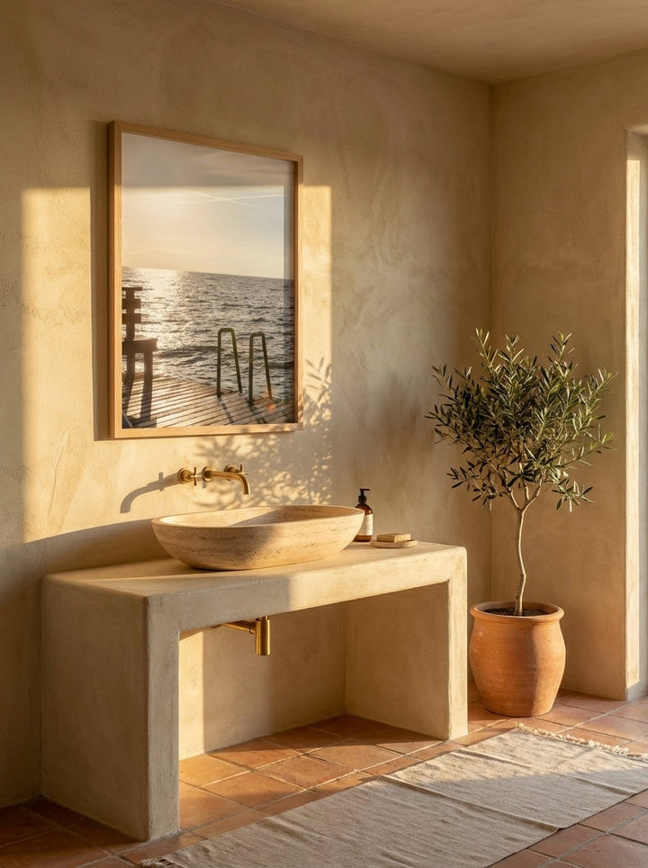 Modern wall art print styled on the wall in a Mediterranean bathroom