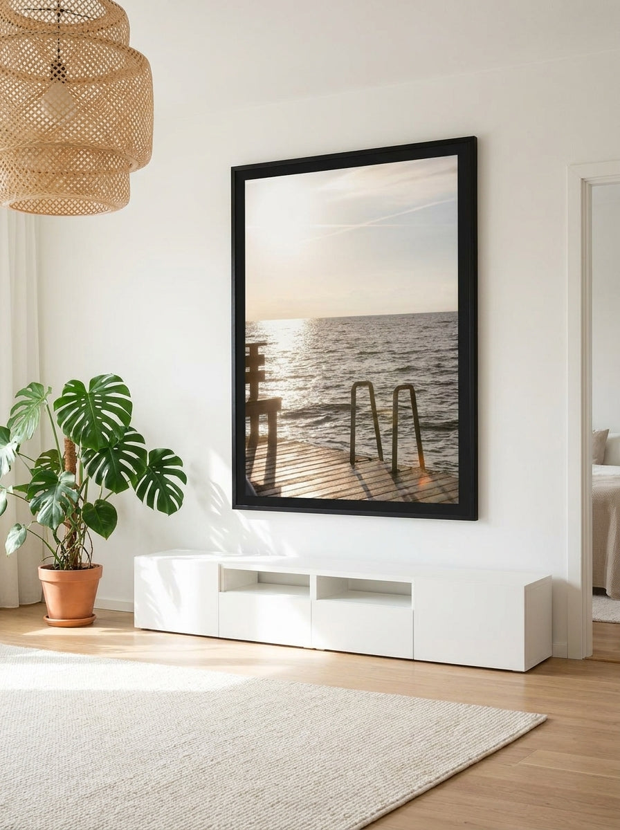 Oversized statement modern wall art print styled on the wall in a bright Scandinavian living room