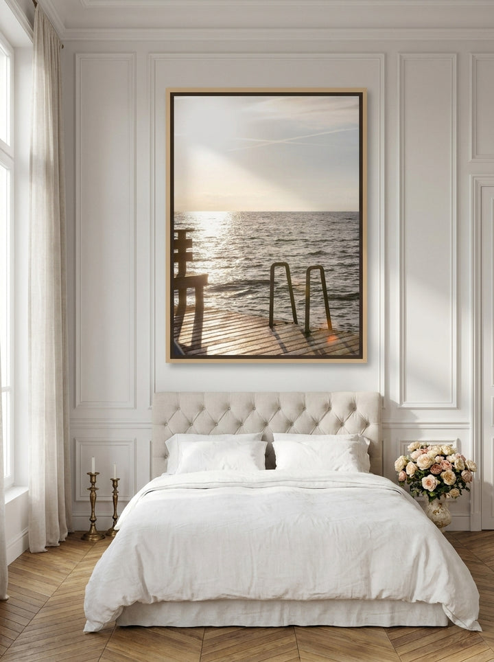 Oversized statement canvas wall art with a natural timber surround styled on the wall in a Parisian bedroom