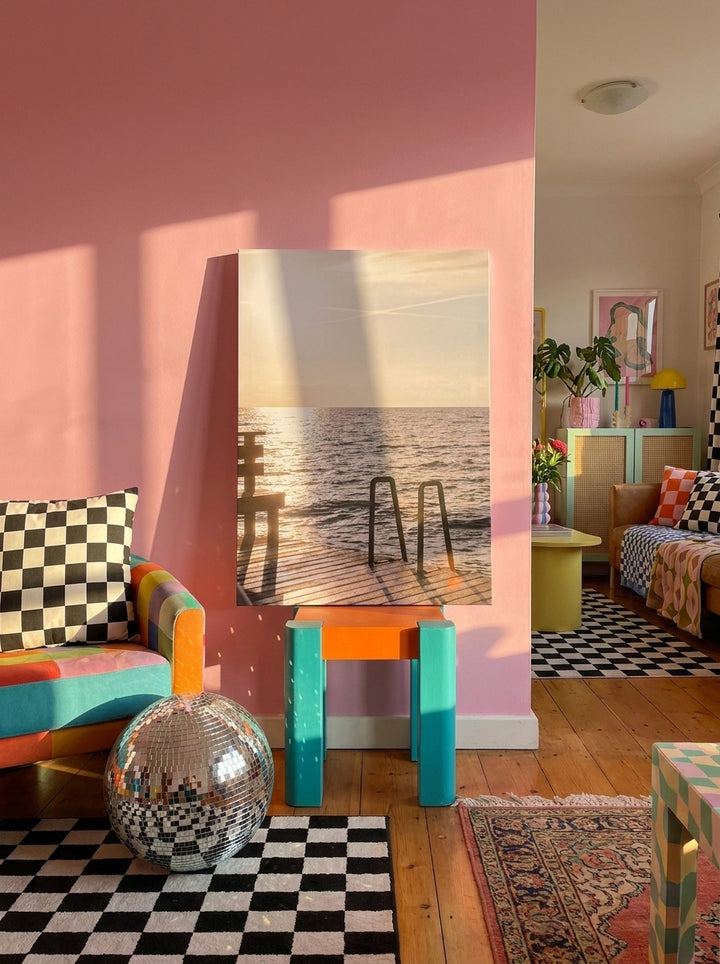 Stretched canvas wall art standing on a side table in a colourful eclectic living room