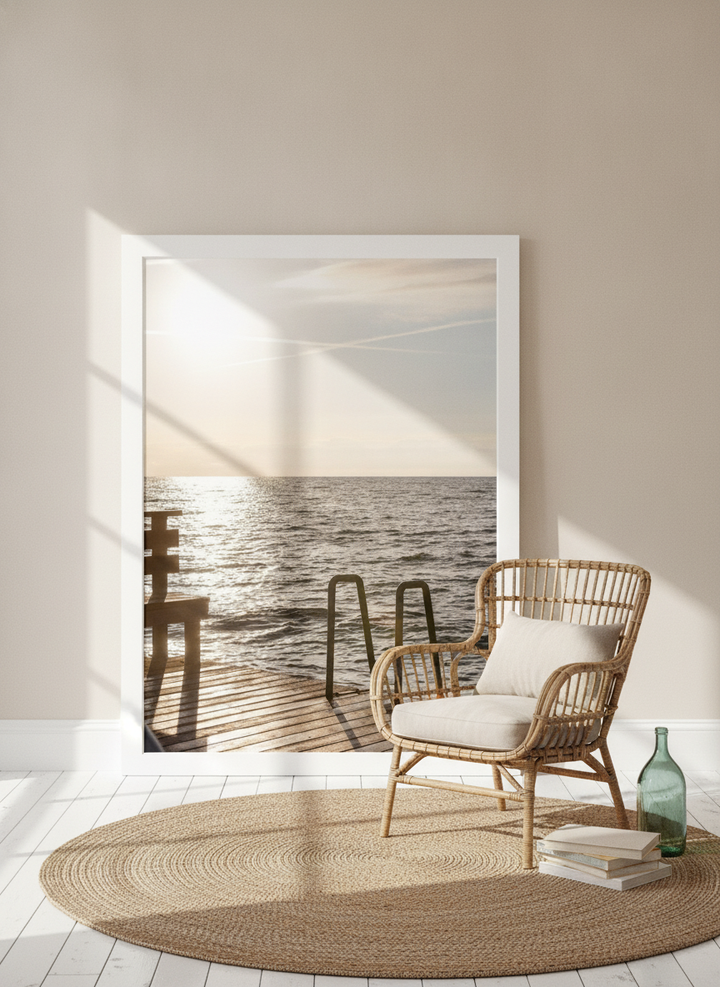Oversized statement modern wall art print leaning against the wall in a coastal dining room