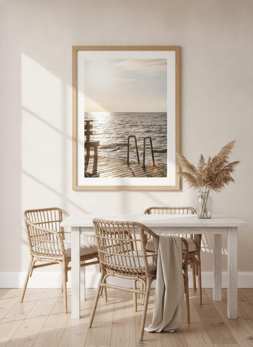 Modern wall art print styled on the wall in a coastal dining room
