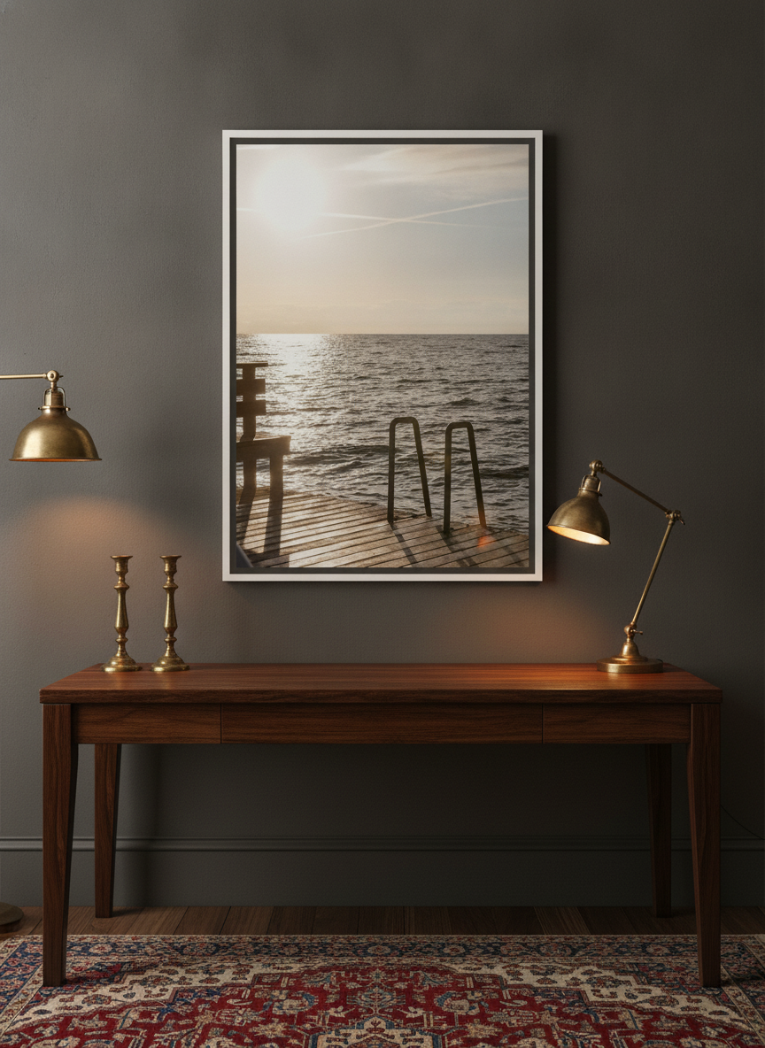 Canvas wall art with a white surround styled on the wall in a moody home office