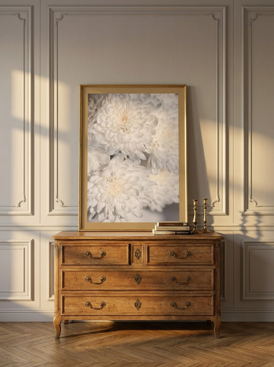 Modern wall art print standing on a sideboard in a Parisian dining room